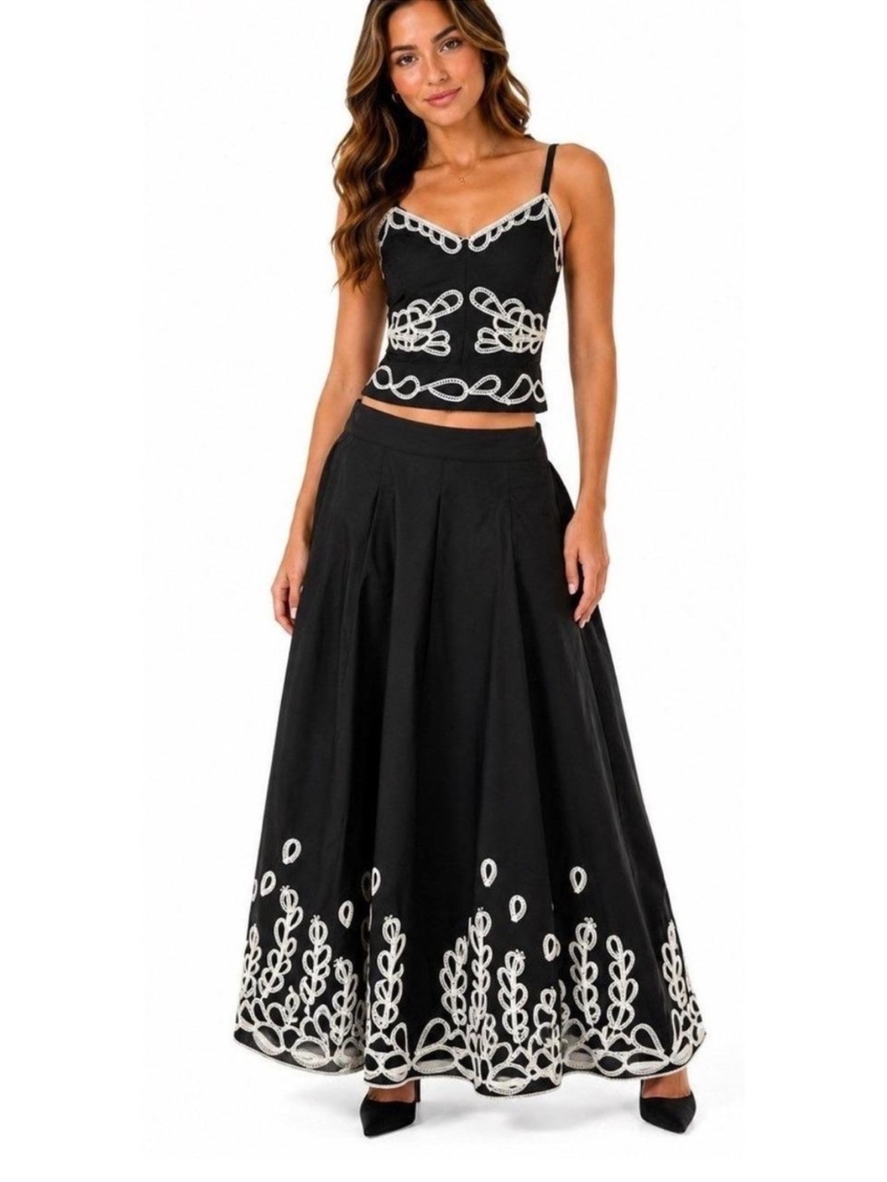 Jason wu Black Maxi Skirt set with White Embroidered Hem - Women's Skirt
